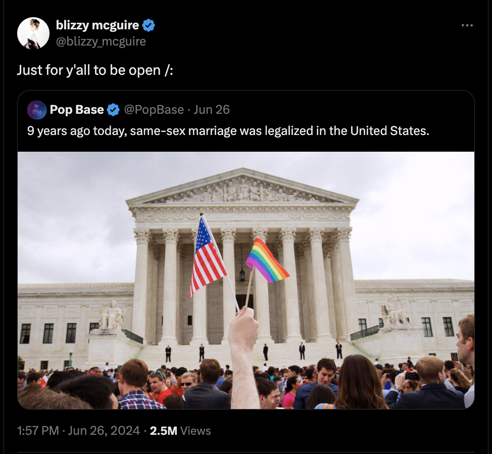 same sex marriage supreme court - blizzy mcguire Just for y'all to be open Pop Base Jun 26 9 years ago today, samesex marriage was legalized in the United States. 2.5M Views